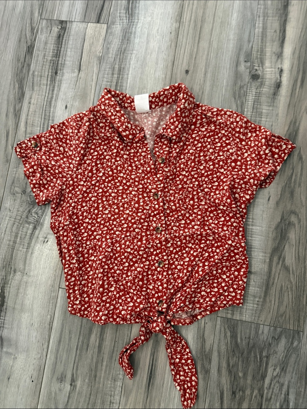 No Boundaries Red Floral Tie-Front Button Blouse